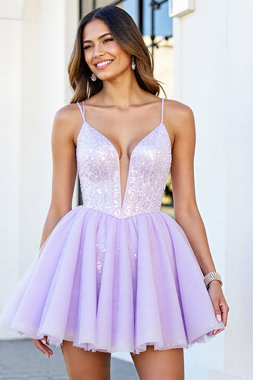 Sequin Lilac Corset A Line Homecoming Dress
